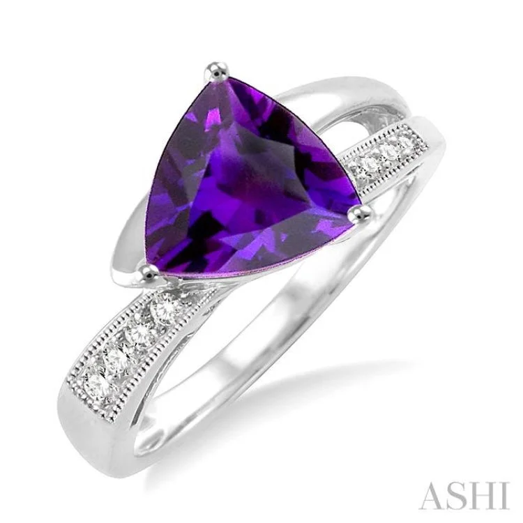 Large Engagement Ring for Women-8x8mm Trillion Cut Amethyst and 1/20 Ctw Single Cut Diamond Ring in 10K White Gold