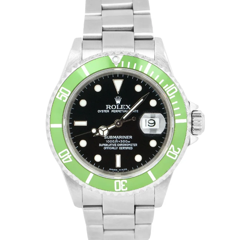 Luxury Watches with Swiss Movement-Rolex Submariner Date NO-HOLES CASE Green Black Stainless Automatic 16610 Watch