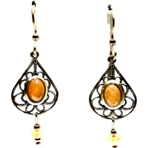 Sparkling Earrings for Evening Parties-Silver Forest Filigree with Amber Stone and Drop Pierced Earrings