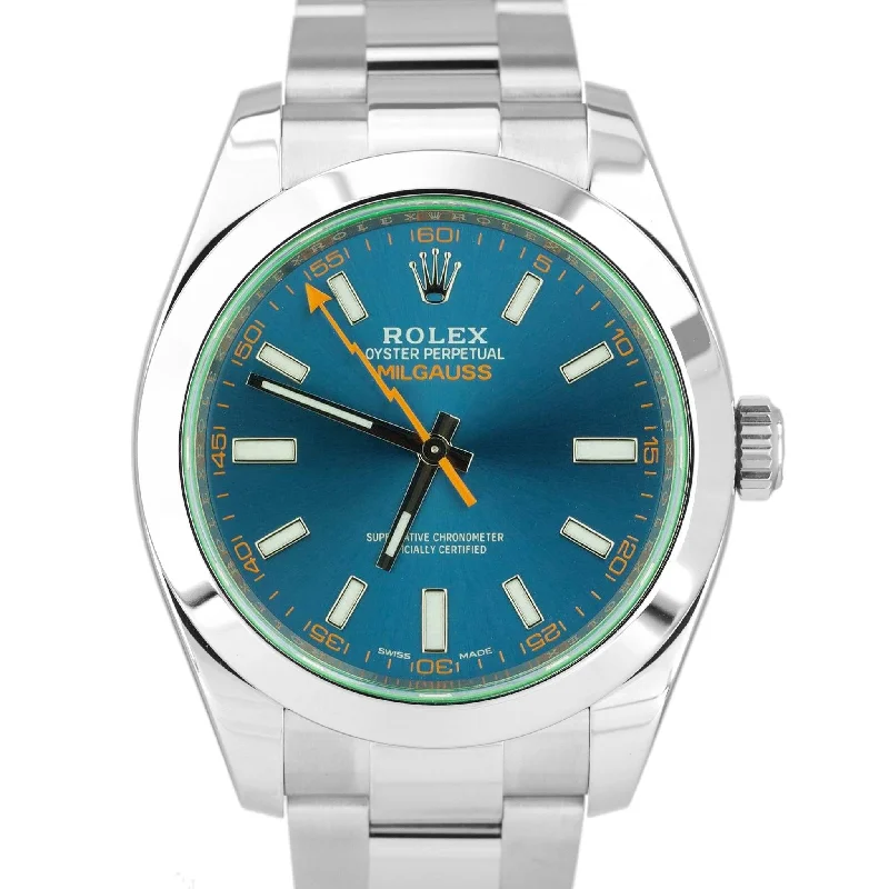 Elegant Watches for Men with Gold Accents-MINT Rolex Milgauss Z-Blue Green Anniversary 40mm 116400 GV Stainless Watch