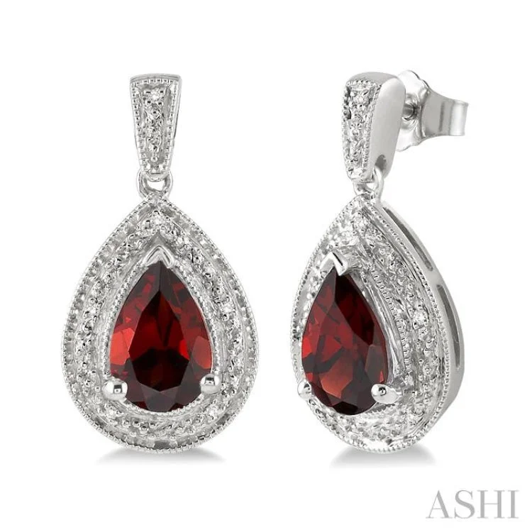 Silver Earrings for Women with Sensitive Skin-9x6MM Pear Shape Garnet and 1/20 Ctw Single Cut Diamond Earrings in Sterling Silver