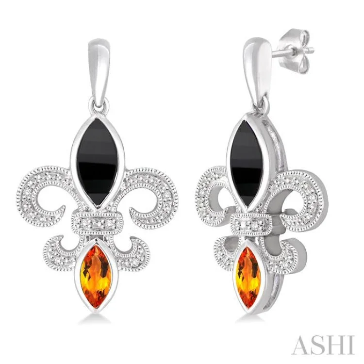 Gemstone Earrings for Evening-8x4 MM Marquise Cut Onyx, 6x3 MM Marquise Cut Citrine and 1/20 Ctw Round Cut Diamond Fleur De Lis Earrings in Sterling Silver