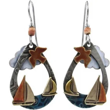 Stunning Drop Earrings for Weddings-Silver Forest Sailboats and Bird Earrings