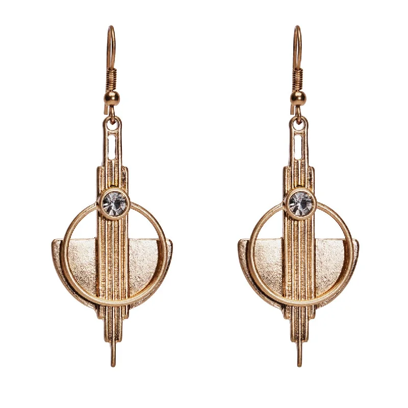 Statement Earrings for Girls-Vintage Art Deco Earrings: Brass Long Drop Earrings