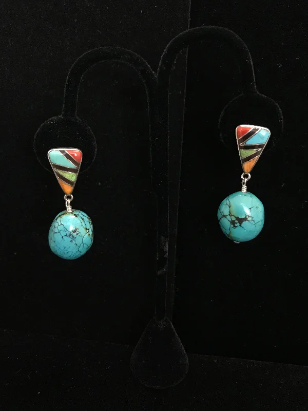 Colorful Gem Earrings-Turquoise Drops with Inlayed Tops