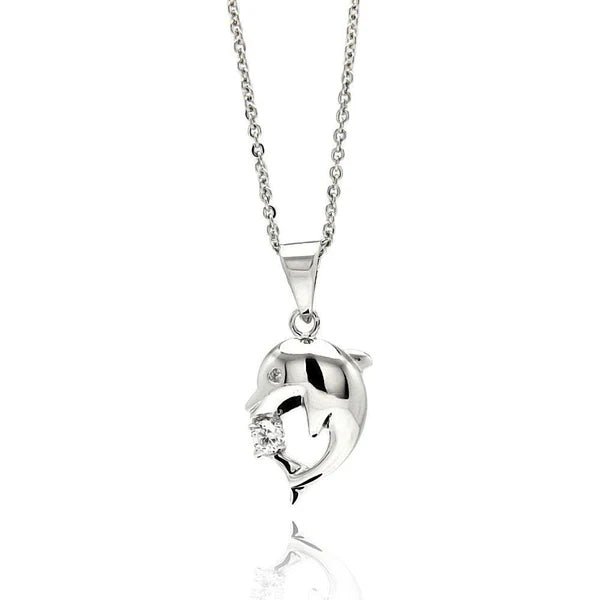 Bridal Necklace with Crystals-Silver 925 Rhodium Plated Dolphin CZ Necklace