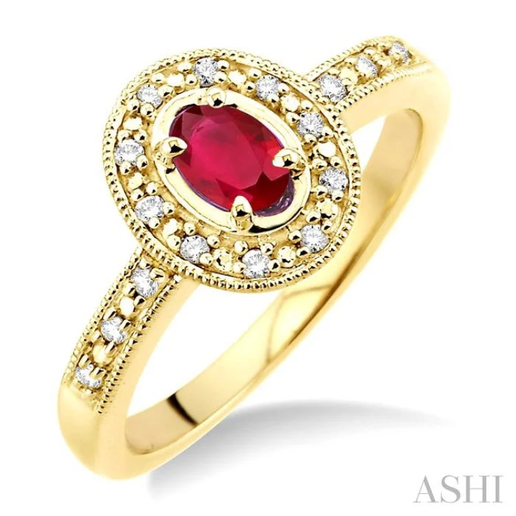 Personalized Couples Ring-5x3mm oval cut Ruby and 1/10 Ctw Single Cut Diamond Ring in 14K Yellow Gold.