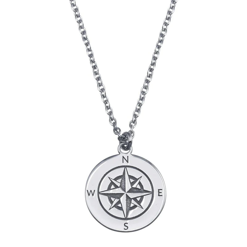 Silver Necklace with Colored Stones-Silver 925 Rhodium Plated Compass Engraved DiscPendant Necklace