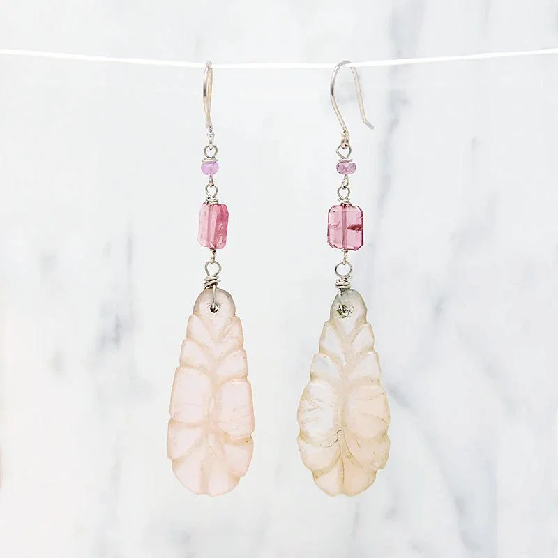 Luxury Gold Earrings for Anniversary-Romantic Carved Rose Quartz & Pastel Gem Earrings by brunet