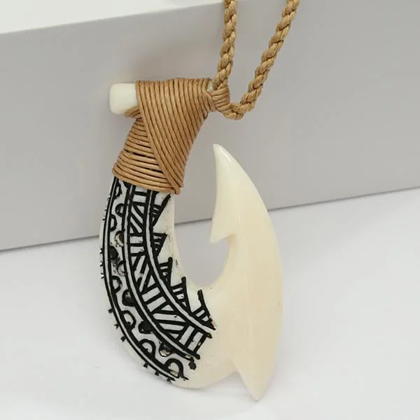 Engraved Necklace for Personal Touch-29x52mm Buffalo Bone Fish Hook Necklace w/Black Enamel Carving