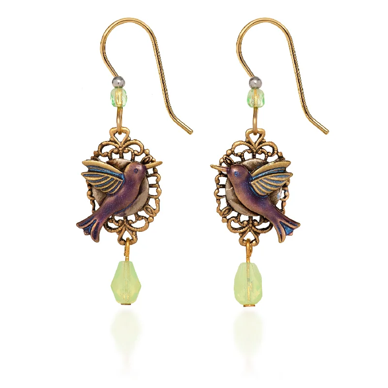 Elegant Earrings for Bridal Parties-Silver Forest Purple Hummingbird on Filigree and Jade Drop Pierced Earrings