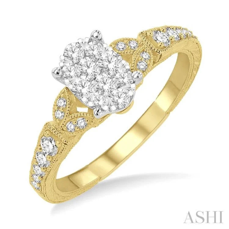 Designer Engagement Ring with Diamonds-1/2 ctw Oval Shape Leaf Carved Shank Lovebright Round Cut Diamond Engagement Ring in 14K Yellow and White Gold