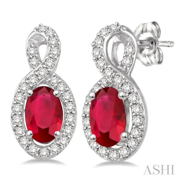 Vintage Gold Earrings-5x3 MM Oval Cut Ruby and 1/5 Ctw Round Cut Diamond Earrings in 14K White Gold