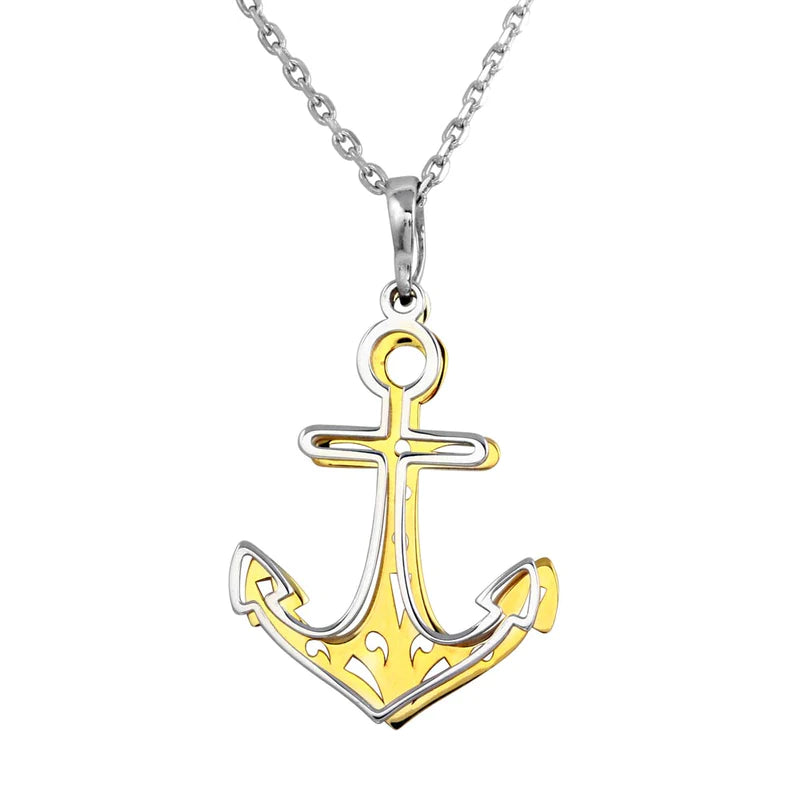 Large Statement Necklace for Occasions-Silver 925 2 Toned Rhodium and Gold Plated Double Anchor Necklace