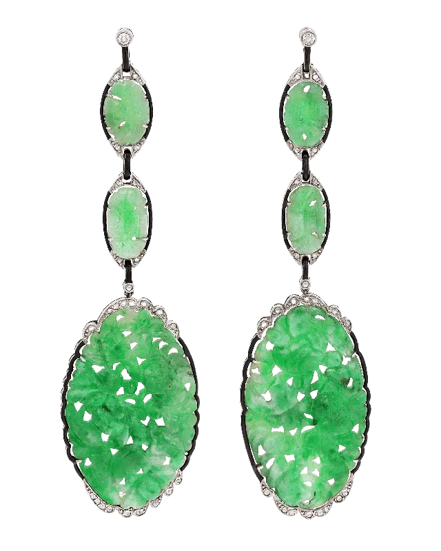 Custom Diamond Earrings-Art Deco Carved Jade Earrings