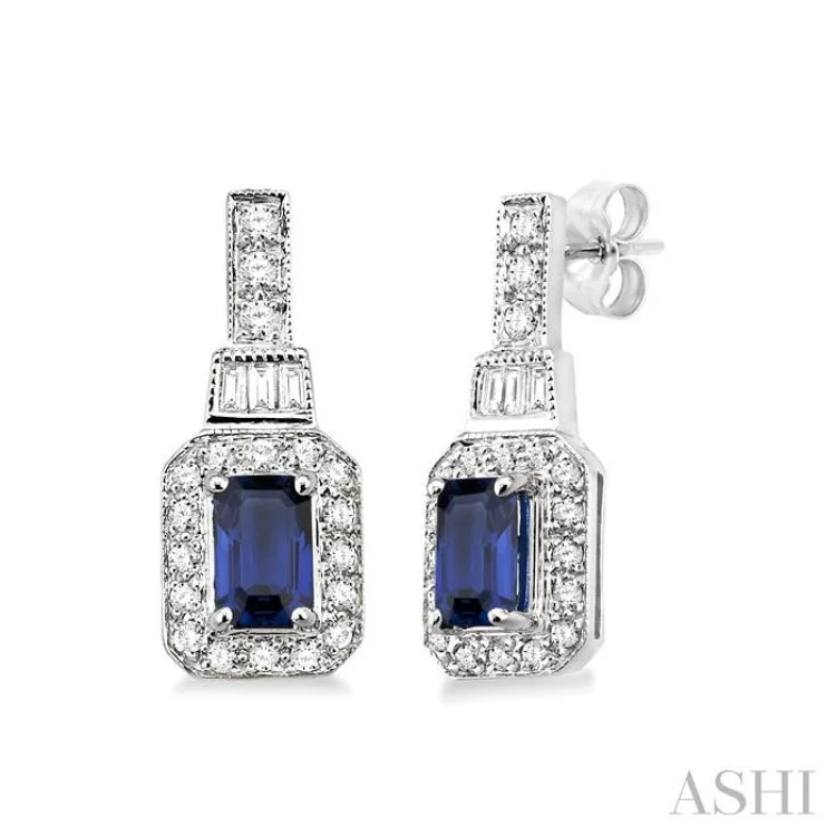 Colorful Drop Earrings for Summer-5x3 MM Octagon Cut Sapphire and 1/4 Ctw Round and Baguette Cut Diamond Earrings in 14K White Gold