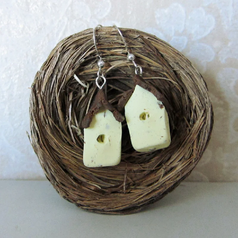 Stunning Earrings for Evening Events-Bird House Earrings Polymer Clay Yellow Birdhouse Sterling Silver