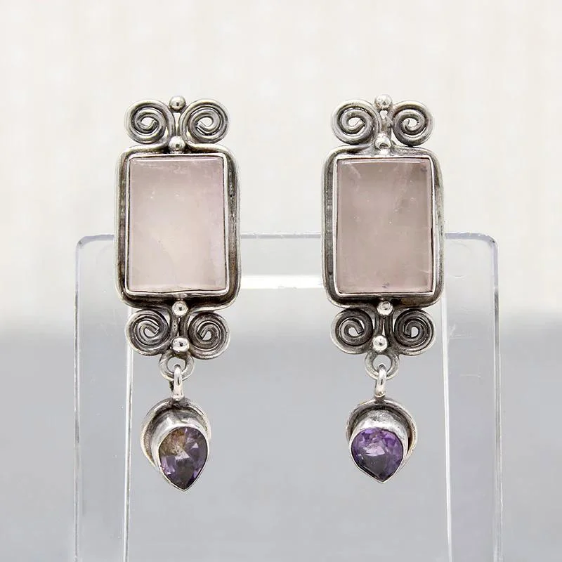 Chic Gold Earrings for Women-Pretty Pastel Rose Quartz & Amethyst Silver Earrings