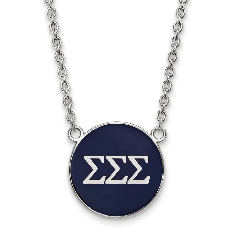 Fashion Necklace for Young Women-Sterling Silver Sigma Sigma Sigma Large Navy Enamel Disc Necklace