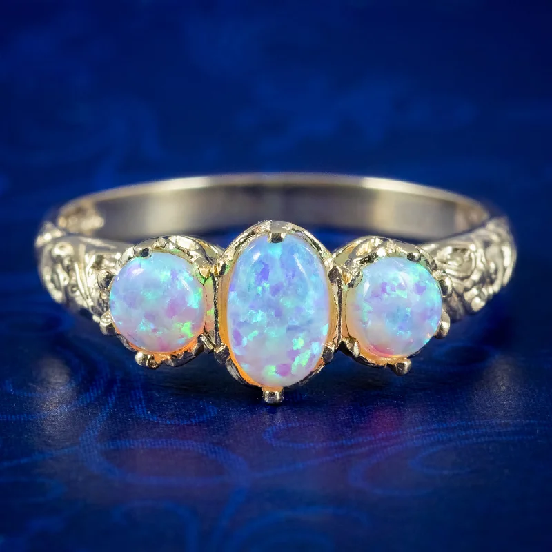 Custom Engagement Ring for Bold Women-Victorian Style Opal Trilogy Ring 9ct Gold