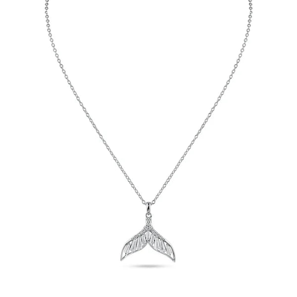 Boho Beaded Necklace for Summer-Rhodium Plated 925 Sterling Silver Whale Tail Clear Baguette CZ Necklace