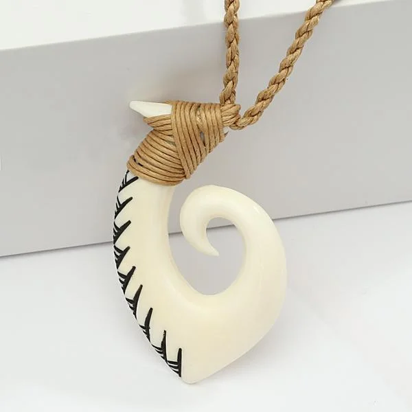 Pendant Necklace for Casual Style-28x48mm Buffalo Bone Fish Hook Necklace w/Blace Enamel Carving