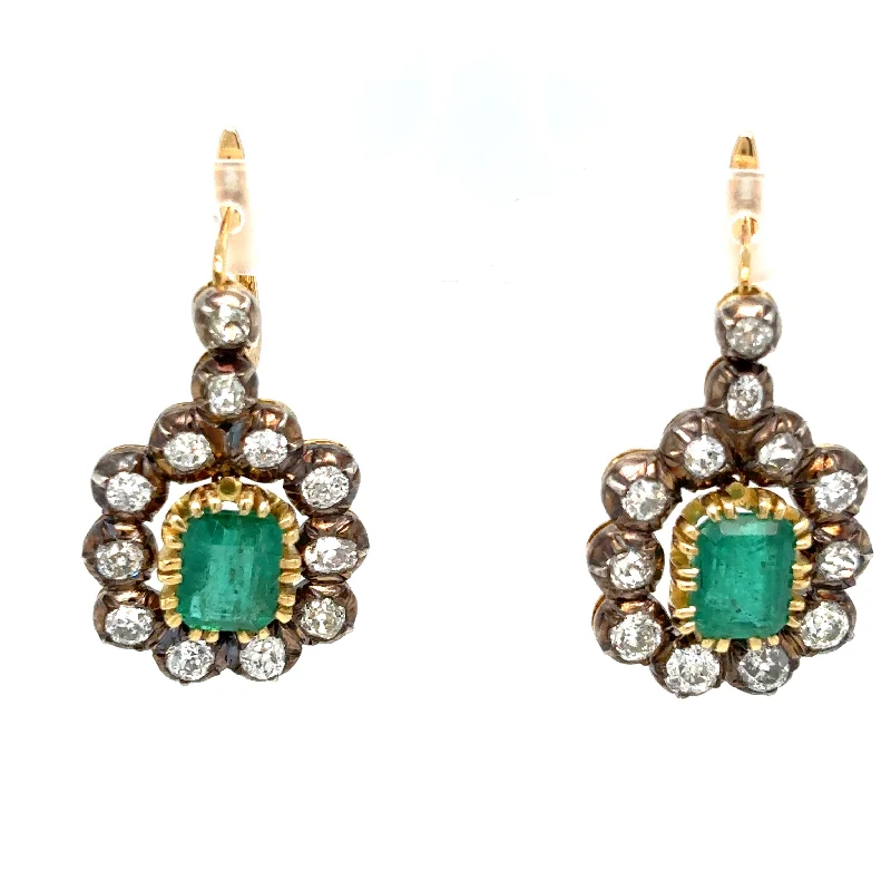 Elegant Hoop Earrings-Victorian Certificate Emerald Diamond Gold Drop Earrings, 1900s