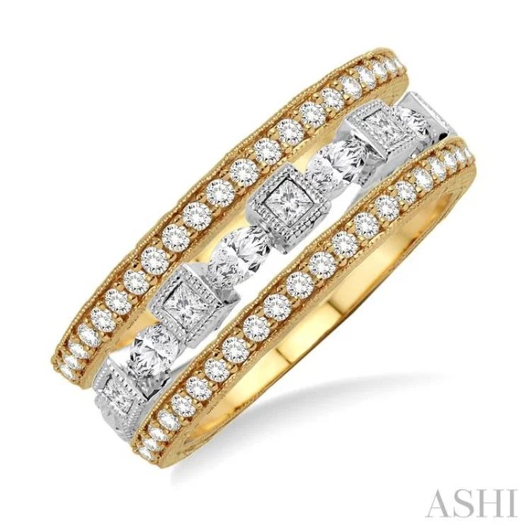 Custom Wedding Band for Couples-3/4 Ctw Round Cut Diamond Triple Band Set in 14K Yellow and White Gold