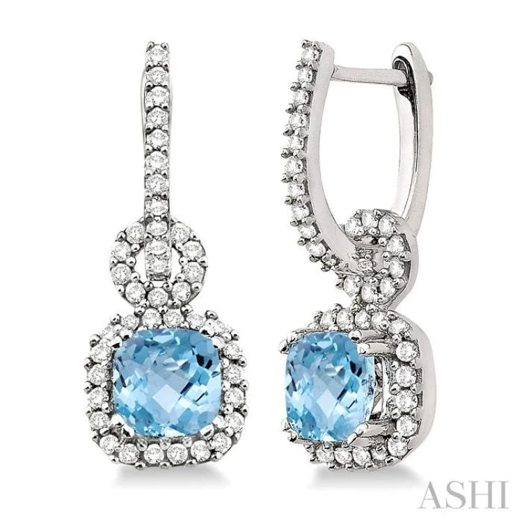 Unique Earrings for Every Day-6mm Cushion Cut Aquamarine and 1/2 Ctw Round Cut Diamond Earrings in 14K White Gold