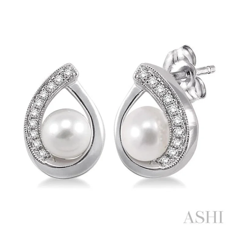 Unique Earrings for Every Day-6x6MM Cultured Pearls and 1/10 Ctw Round Cut Diamond Earrings in 10K White Gold