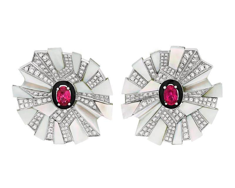 Elegant Stud Earrings for Weddings-Ruby and Mother-of-Pearl Floral Earrings