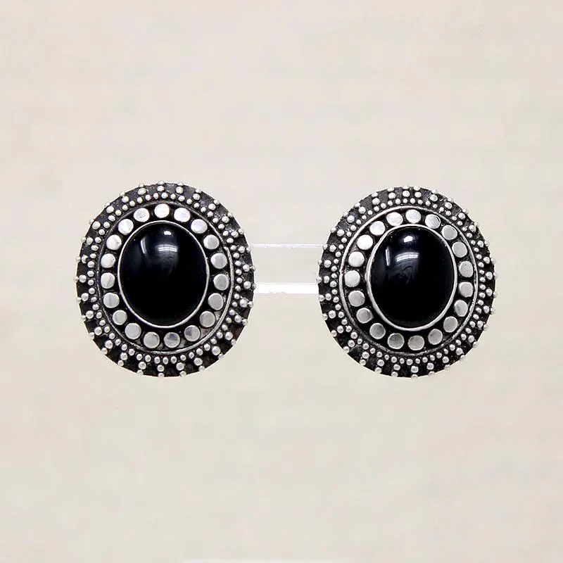 Ethnic Drop Earrings for Festivals-Ornate Silver Bead & Onyx Clip On Earrings