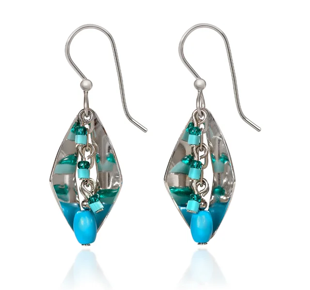 Fashion Earrings for Casual Wear-Silver Forest Earrings Folded Blue Beads on Silver Diamond Drop