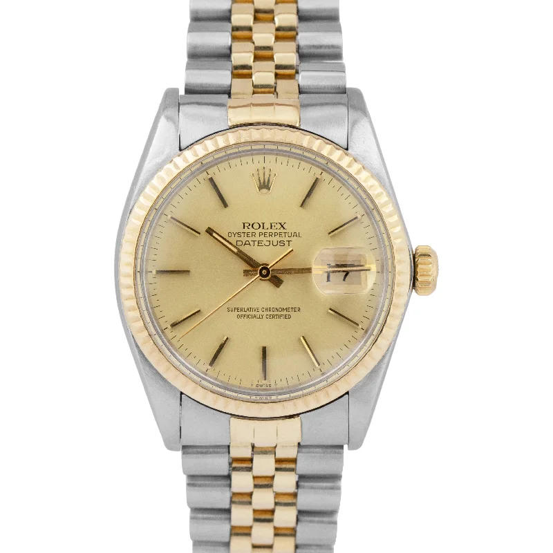 Sports Watches with Step Tracking-Rolex DateJust 36mm Champagne 18K Yellow Gold Stainless Two-Tone Watch 16013