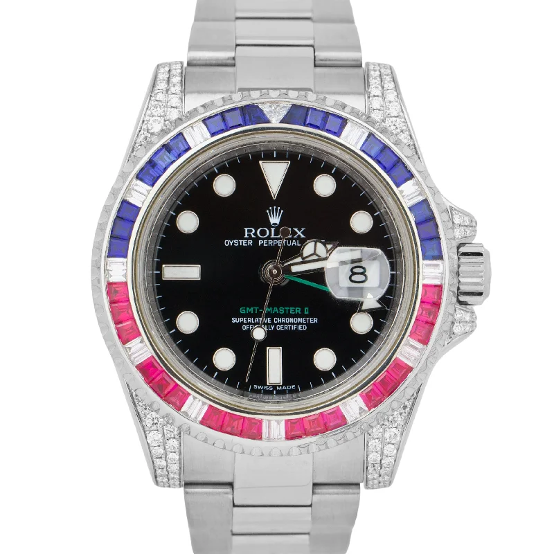 Stainless Steel Watches for Men-Rolex GMT-Master II DIAMOND SAPPHIRE Bezel Lugs Stainless Black 40mm 116710 LN