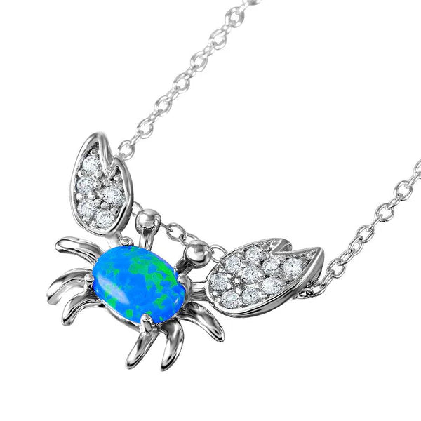 Handcrafted Gemstone Necklace for Gifts-Silver 925 Rhodium Plated Crab Necklace with CZ and Synthetic Blue Opal