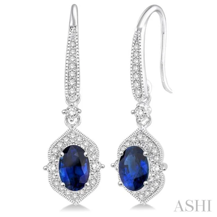 Minimalist Earrings for Daily Wear-5x3 MM Oval Shape Sapphire and 1/3 Ctw Round Cut Diamond Earrings in 14K White Gold