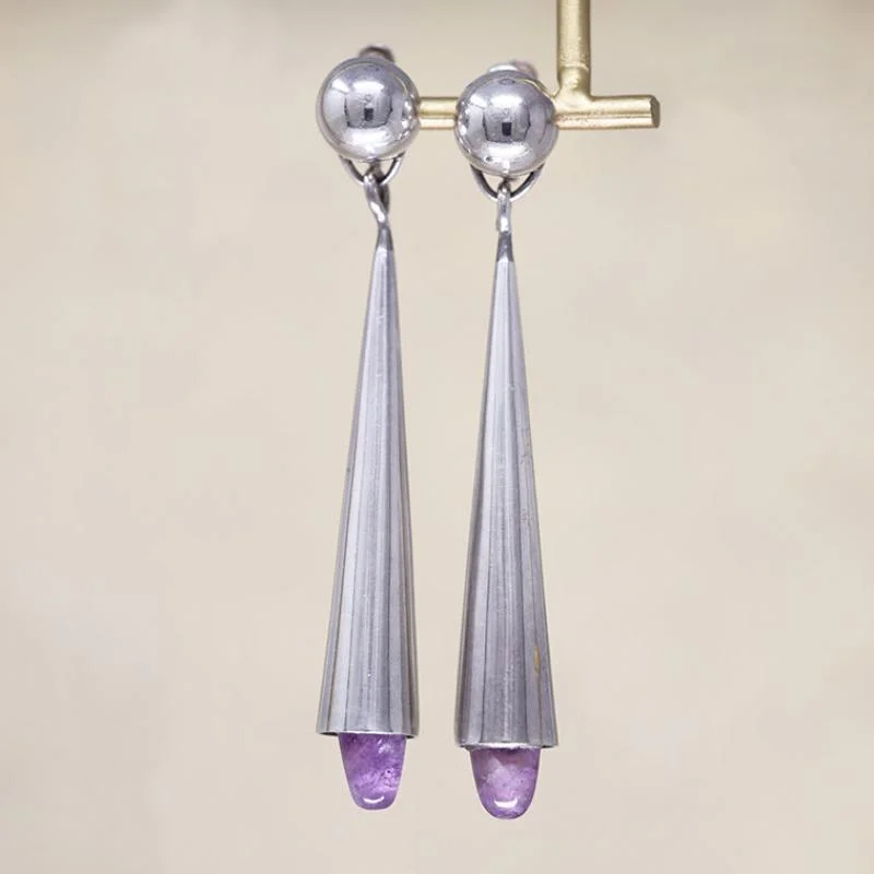 Handcrafted Silver Drop Earrings-Amethyst & Sterling Mexican Modernist Earrings by Pineda