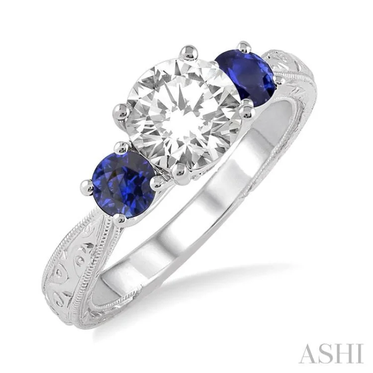 Men’s Silver Ring for Fashion-4x4MM Round Cut Sapphire and 1/50 Ctw Diamond Semi-Mount Engagement Ring in 14K White Gold