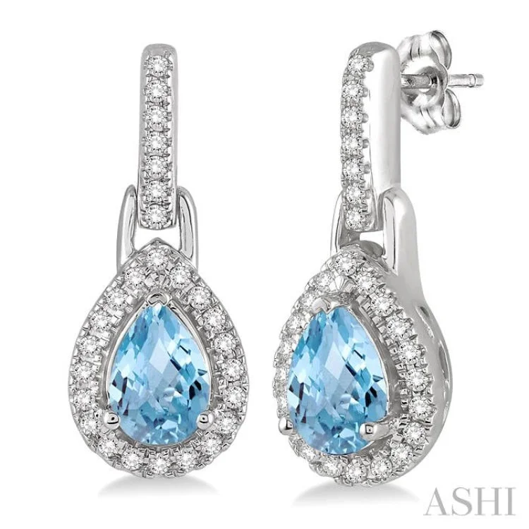 Chic Gemstone Earrings-6x4 MM Pear Shape Aquamarine and 1/5 Ctw Round Cut Diamond Earrings in 10K White Gold