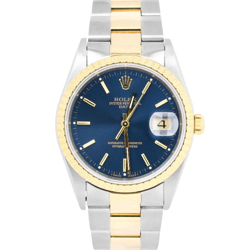 Elegant Watches for Formal Events-Rolex Date 34mm BLUE Two-Tone Yellow Gold Steel Engine Turned Oyster Watch 15223