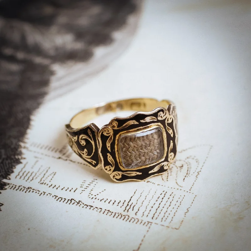 Large Ring with Gemstone for Fashion-Picturesque Antique Floral Black Enamelled Mourning Ring