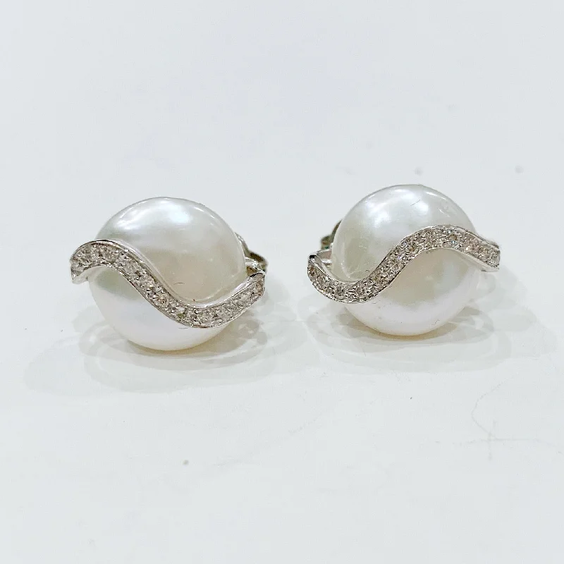 Pearl Drop Earrings for Brides-Estate Collection Earrings - Vintage YVEL Diamonds &  Pearl set in 18K White Gold Clip On Style