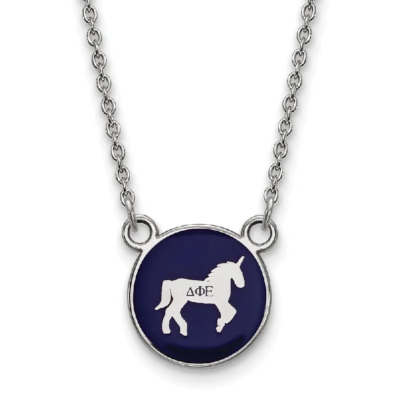 Gold Necklace with Charm for Fashion-Sterling Silver Delta Phi Epsilon Sm Blue Enamel Unicorn Disc Necklace