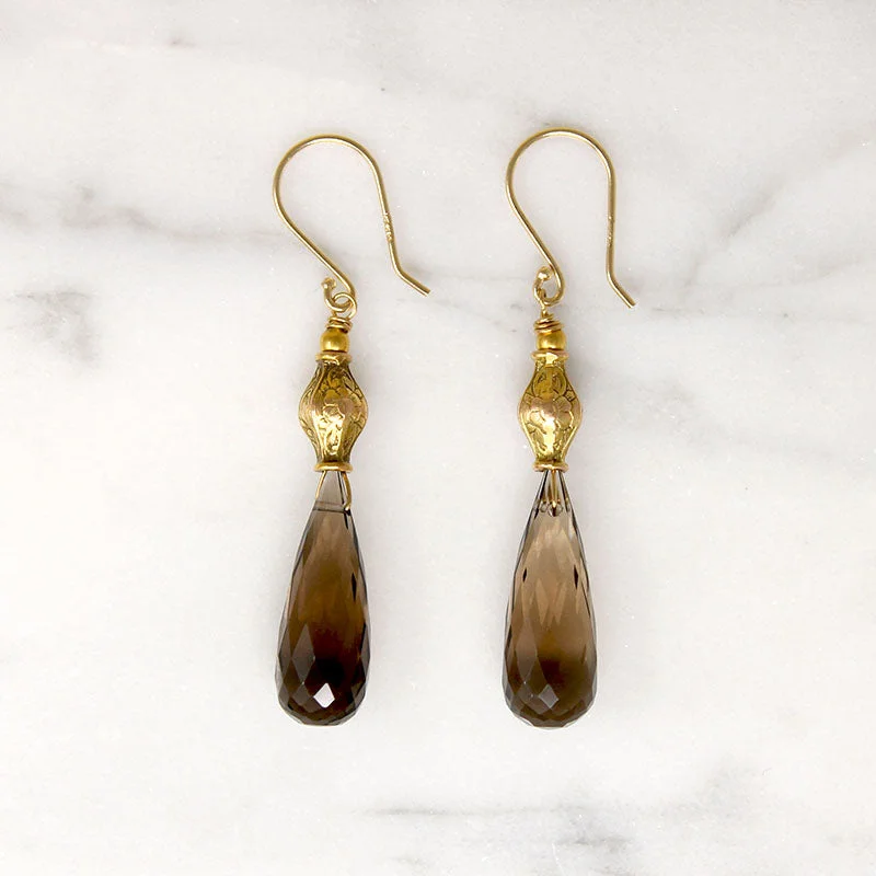 Glamorous Earrings for Night Life-Faceted Smoky Quartz & Antique Gold Earrings by brunet