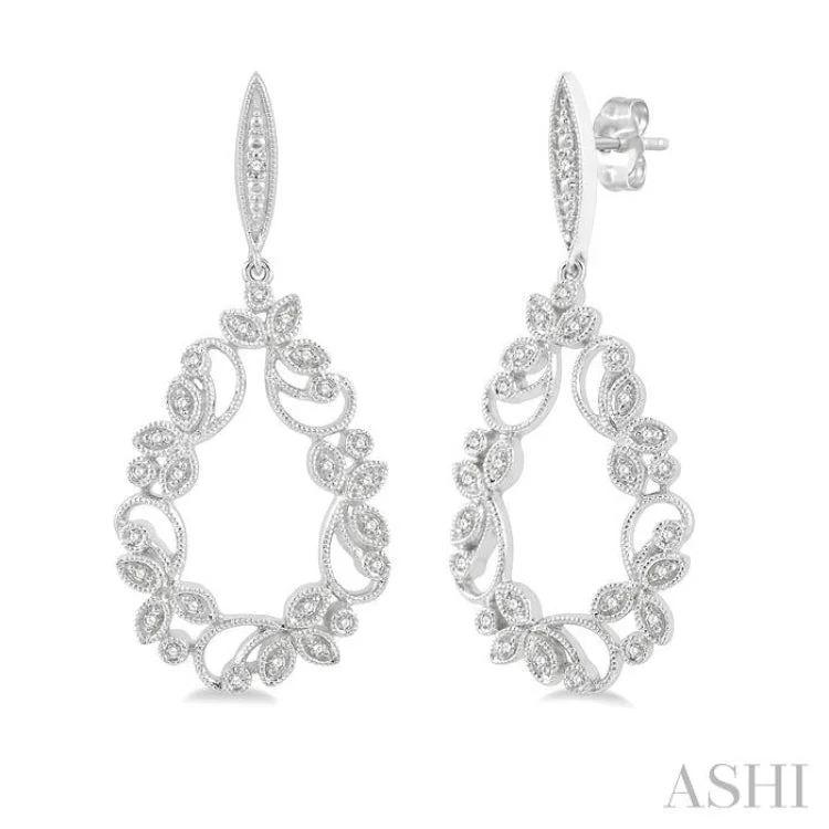 Artistic Pearl Earrings-1/5 Ctw Drop Shape Triple Leaf Pattern Round Cut Diamond Earring in 10K White Gold