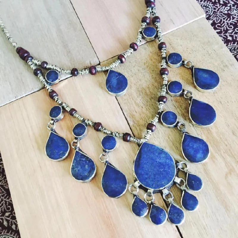 Unique Statement Necklace for Bold Fashion-Two tier tribal lapis lazuli stone boho necklace