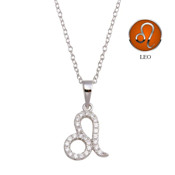 Charm Necklace for Casual Wear-Silver 925 Rhodium Plated Leo CZ Zodiac Sign Necklace