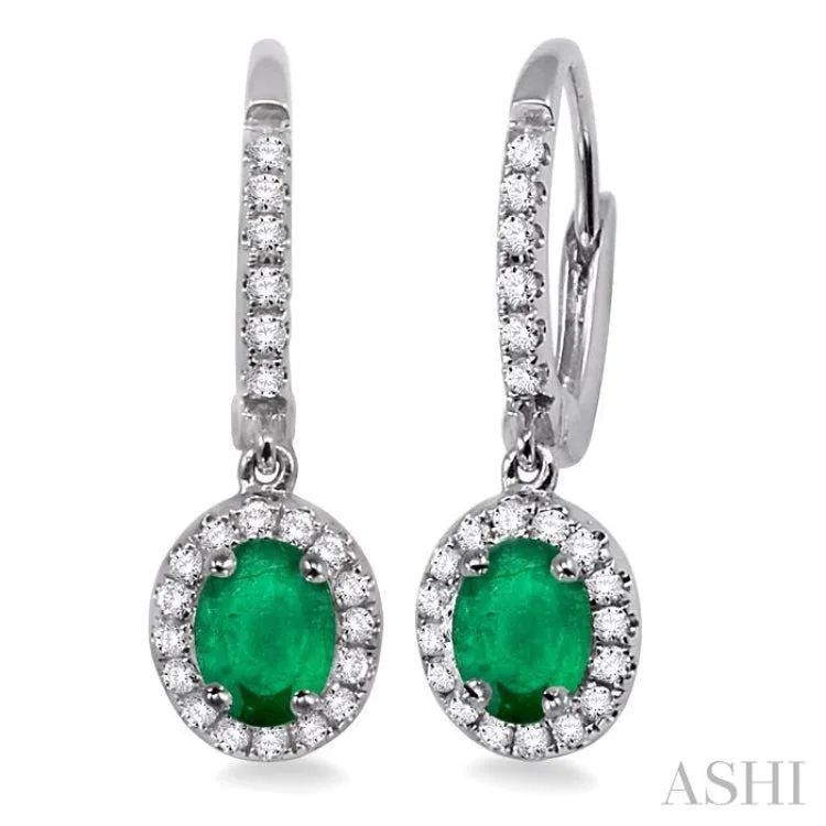 Bold Earrings for Fashionistas-5x3 mm Oval Cut Emerald and 1/4 Ctw Round Cut Diamond Earrings in 14K White Gold