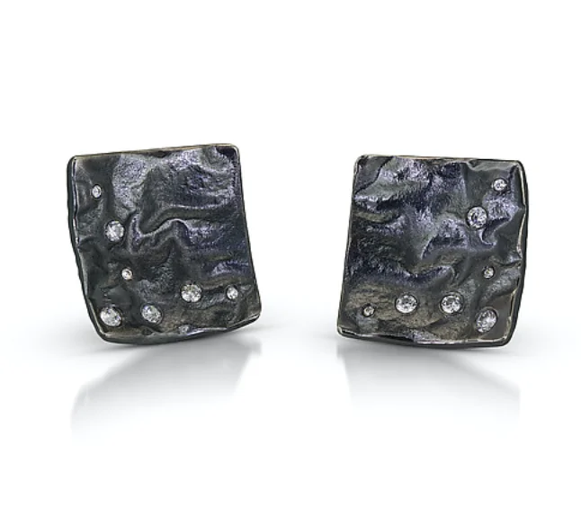 Long Silver Earrings-Oxidized Reticulated Sterling Square Earrings